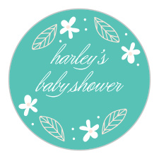 A deep aqua background is topped with darling floral decorations for our Baby's Breath Baby Shower Stickers.