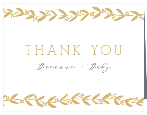 Our Elegant Berries Baby Shower Thank You Cards feature two gold foiled vines that frame your gratitude.
