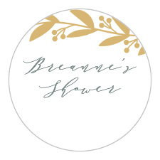 Our Elegant Berries Baby Shower Stickers features a gold foiled vine that frames your name and event.