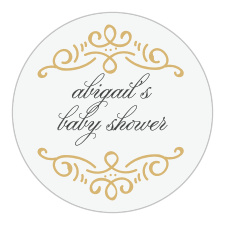 Our Ornate Rattle Baby Shower Stickers feature raised gold foil elements.