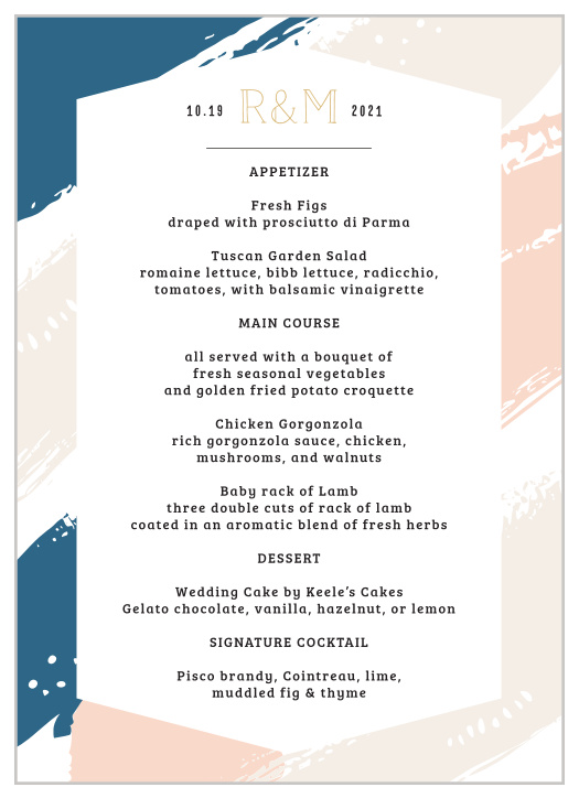 No matter what you’re serving, make your guests’ mouths water with our Perennial Painterly Wedding Menus.
