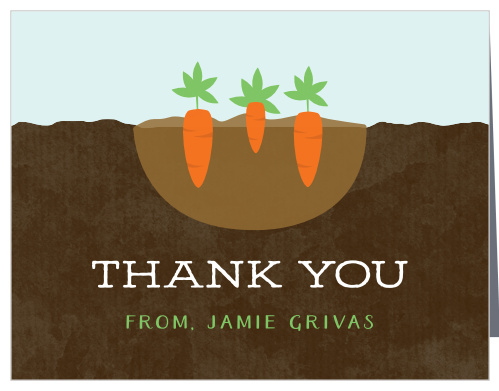 Grow your appreciation into something beautifully tangible with our Growing Garden Baby Shower Thank You Cards. A trio of carrots decorate the top of the card, representing yourselves and the newest member of your family, while a playful type in white and green spells out everything you want to say to your guests.