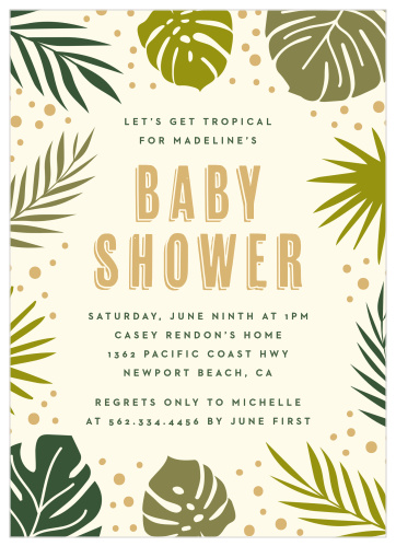 Invite your guests to take a walk on the wild side with our Tropical Leaves Baby Shower Invitations.