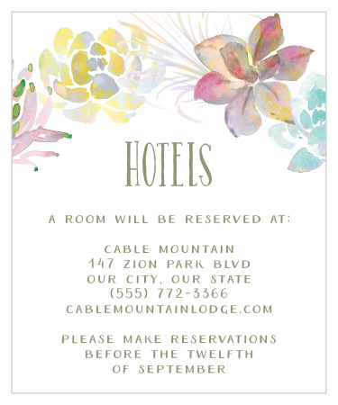 Rainbow hued, watercolor succulents make up our Succulent Wreath Accommodation Cards.