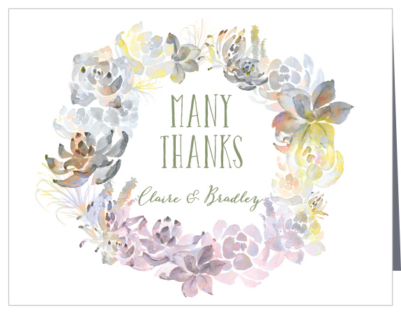 A rainbow hued, watercolor "Succulent Wreath" frames your gratitude for these Thank you Cards.
