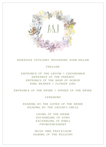 A rainbow hued, watercolor "Succulent Wreath" frames your initials for these Wedding Programs.