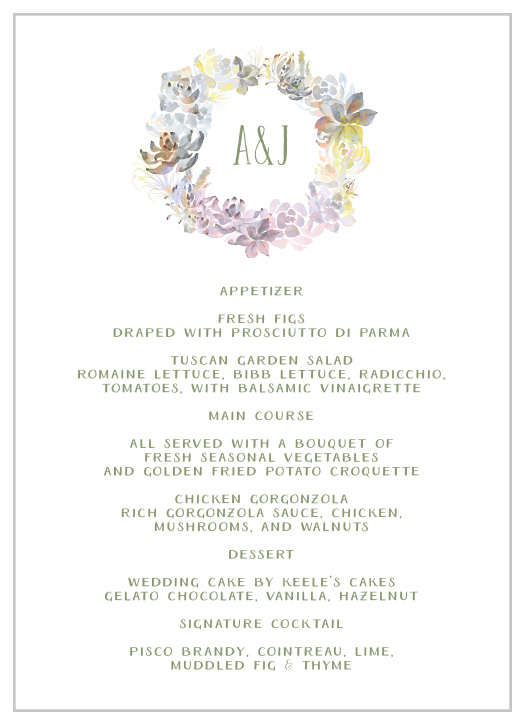A rainbow hued, watercolor "Succulent Wreath" frames your initials for these Wedding Menus.