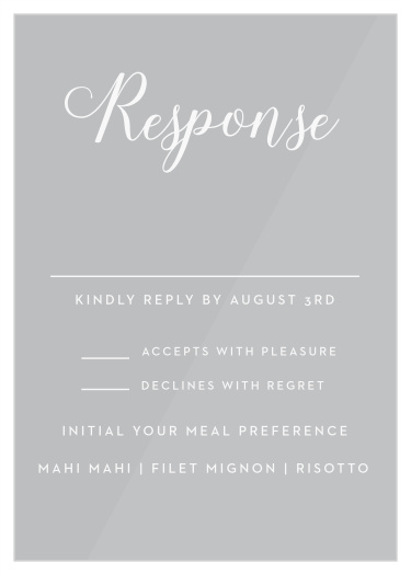 Prepare and plan for every single guest with our gorgeous Big Script Clear Response Cards. With a swirling calligraphy topping the page, a clean print for each detail needed, and a clear background that looks stunning in every environment, these cards are a perfect addition to your wedding planning.