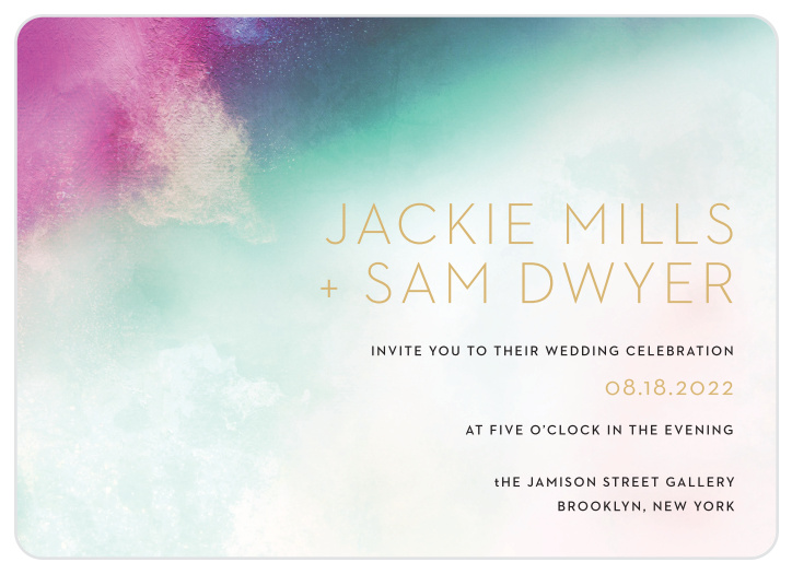 A heavily saturated pink, teal and indigo are blended together atop an exposed canvas for our Love Hues Wedding Invitations.