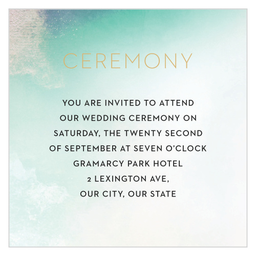 A pale wash of teal mixes with exposed canvas and a blown out white illumination for our Love Hues Ceremony Cards.