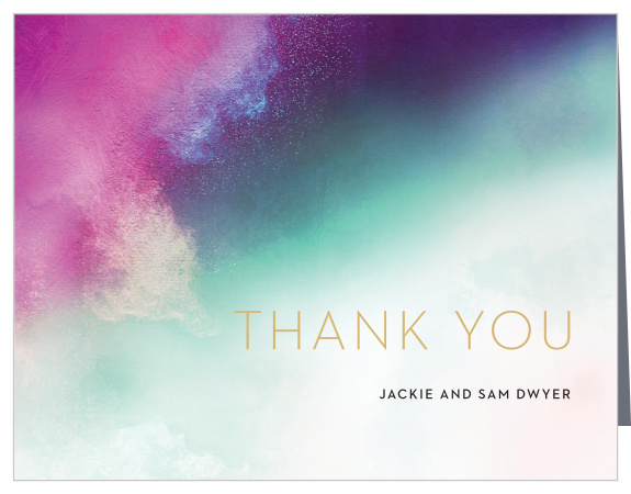 A heavily saturated pink, teal and indigo are blended together atop an exposed canvas for our Love Hues Wedding Thank You Cards.