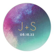 A heavily saturated pink, teal and indigo are blended together atop an exposed canvas for our Love Hues Wedding Stickers.