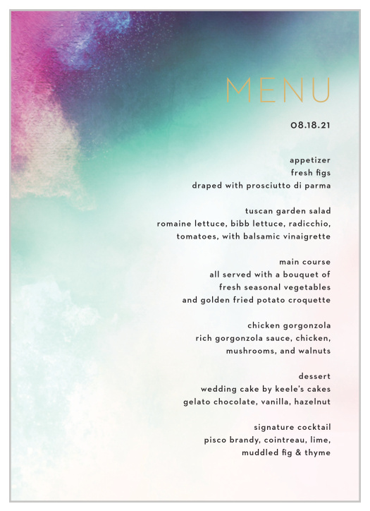 A heavily saturated pink, teal and indigo are blended together atop an exposed canvas for our Love Hues Wedding Menus.