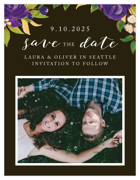 Give your guests everything they need in order to plan for your big day with our Purple Blooms Save-the-Date Magnets. Featuring the same stunning design as the rest of our Purple Blooms wedding suite, these magnets will be a perfect preliminary to your perfect day.