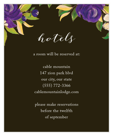 Keep your guests as comfortable as possible in the days leading up to your wedding with our Purple Blooms Accommodation Cards. Vibrant flowers grow across the top of the card in stunning purples and greens, contrasting the earth tones of the background and the pure white of your guiding text.