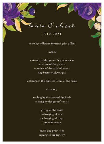 Walk your guests through every step of your wedding ceremony with our Purple Blooms Wedding Programs, all while you take each step down the aisle. Decorated in the same vibrant flowers, neat print, and swirling calligraphy as the rest of the Purple Blooms wedding suite, these programs will make a wonderful addition to your wedding plans.