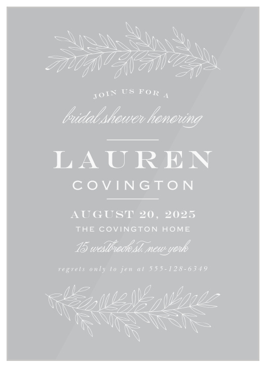 Our Vintage Greenery Clear Bridal Shower Invitations are perfect for an outdoor or seasonal themed event!