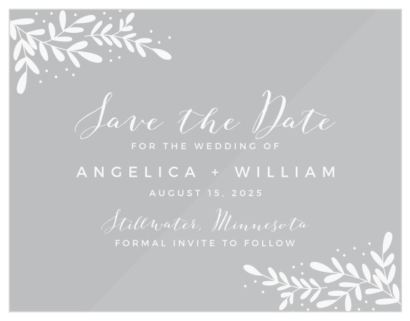 Our Garden Leaves Clear Save-the-Date Cards feature a simple and rustic design.
