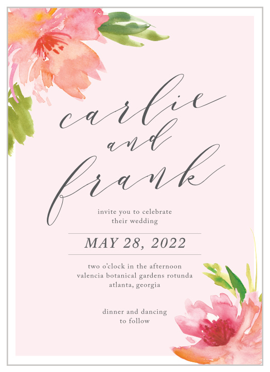Your invitational text is written in a duo of fonts on our Botanical Gardens Wedding Invitations- a neat print and curling calligraphy- and carefully contained between stunning florals on opposing corners. Your names swirl across the center of the card in an elegant French-gray, standing out sharply against the light pink background, while the two flowers create a bright and cheerful "new life" theme.