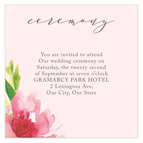 Surround yourself with the people you care about most when you utilize our Botanical Gardens Ceremony Cards. Title the card with a smooth, swirling script, then describe every detail of your ceremony in an elegant print. With a stunning flower blooming out of the bottom-left corner, these cards will bring new life into your wedding plans.