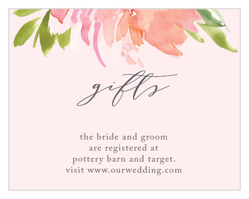 Ensure that you receive the gifts you need and want most with our Botanical Gardens Registry Cards. A smooth script titles the page, sandwiched carefully between a blooming flower at the top and your information below. With each word in an easy to read French-gray print, you can be positive that your guests know where to look.