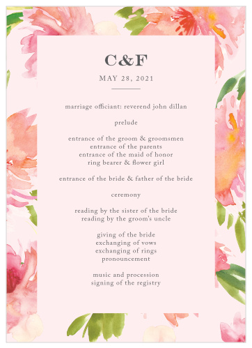 Help your guests follow along with every unique moment of your wedding ceremony with our Botanical Gardens Wedding Programs. Set against a stunning backdrop of pink and green florals and utilizing a combination of elegant print and subtle calligraphy, your guests will appreciate these cards for their simple beauty.