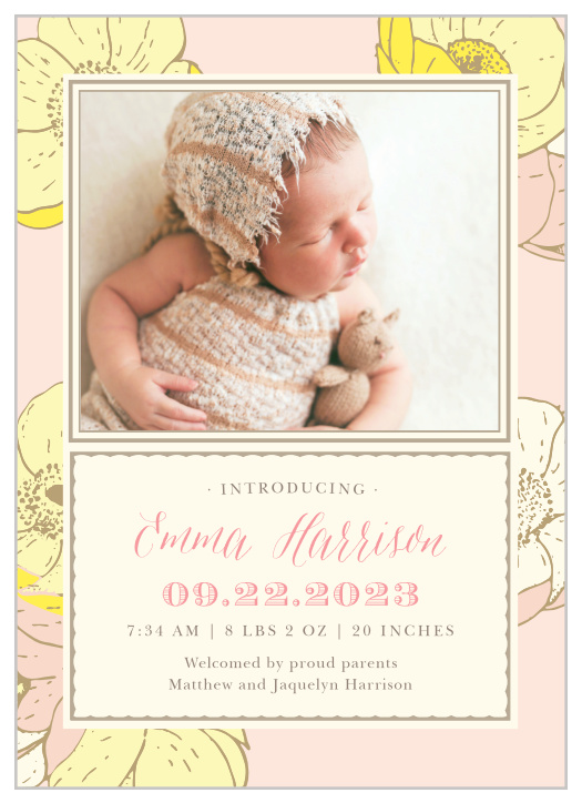 Our Vintage Blooms Birth Announcements feature large pastel flowers atop a light coral background.