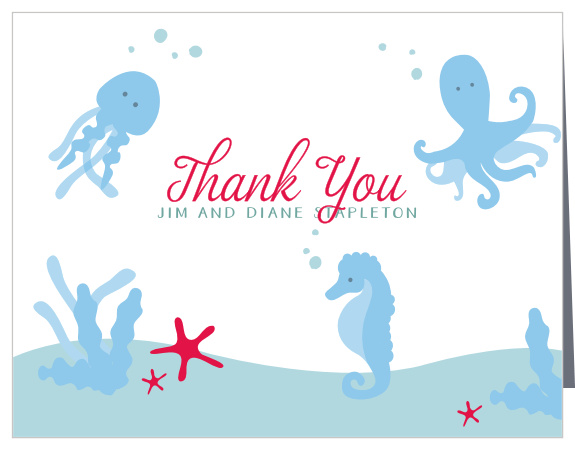Cute little sea creatures are swimming around your gratitude for our Under the Sea Baby Shower Thank You Cards!