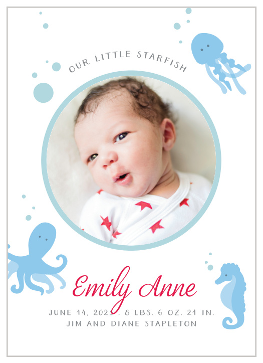 Cute little sea creatures are swimming around a picture of your little one for our Under the Sea Birth Announcements!