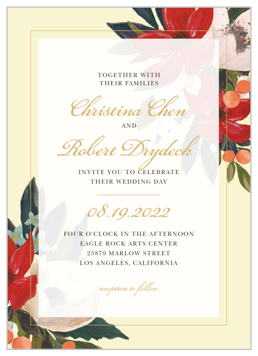 Our gorgeous Amaryllis Bouquet Wedding Invitations use a duo of flowers to showcase a duo of blooms: your growing love for your partner and the quick growth of your guest list. Smooth, swirling scripts spell out your names in bright gold-foil, using their shine to direct your guests' attention to the details below in black print.