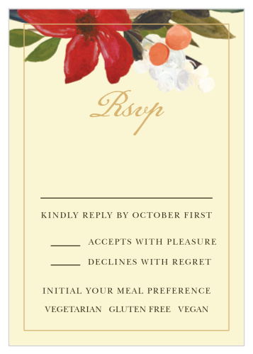 Gather together all the information you need with our gorgeous Amaryllis Bouquet Response Cards. A lovely script titles the page, shining bright in gold-foil just below your bouquet of flowers. With the details just below in a stunningly simple black print, you can be sure that your guests find them easy to read- and that you're properly prepared for everything they need.