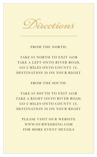 Use the elegant simplicity of our Amaryllis Bouquet Direction Cards to guide your guests where they need to go. A lovely calligraphy titles the page in shining gold foil, catching your guests' eyes before transitioning into a simple black print for your step-by-step directions.