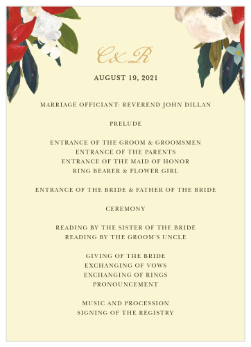 Walk your guests through each breathtaking moment of your wedding ceremony with our unforgettable Amaryllis Bouquet Wedding Programs. Clean-cut black prints spell out every single detail of your day, complemented by the floral illustrations and gold calligraphy above.