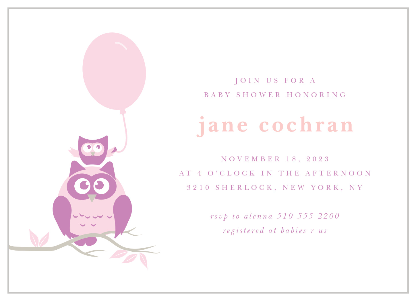 Owl Balloon Baby Shower Invitations
