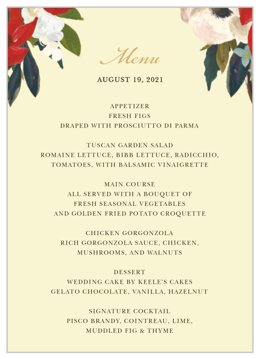 Amaryllis Bouquet Wedding Menus guide your guests through every single mouthwatering option they have available to them. Describe each meal choice in elegant detail, complemented by the floral illustrations and gold-foil calligraphy topping the page.