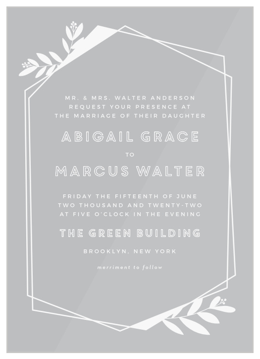 Our stunning Modern Flora Clear Wedding Invitations feature an offset geometric border that frames your invitation details, and is accentuated with floral accents. 