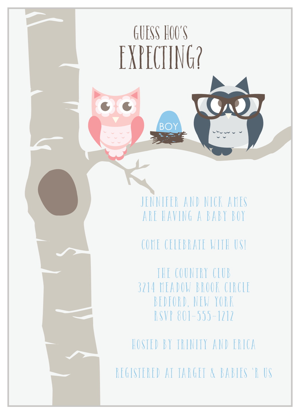 Owl Parents Boy Baby Shower Invitations