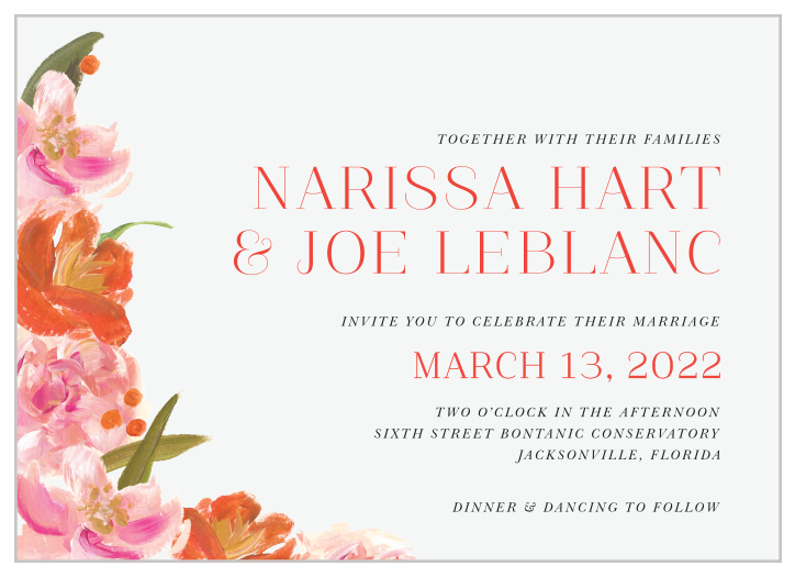 Colorful Oil Paint Wedding Invitations offer a beautiful blend of modern simplicity and classic elegance, utilizing blooming floral designs along the left side of the card and clean, easy to read typefaces for your wedding day's details.