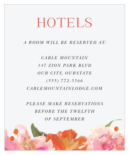 Reserve a block of rooms for your guests, then invite them into the comfort of your care with our Colorful Oil Paint Accommodation Cards. A brilliant Venetian red titles the page in stunning contrast- both to the white background and the black print below- while elegant floral illustrations adorn the bottom with flashes of color.