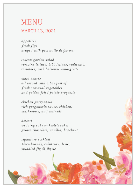 Our Colorful Oil Paint Wedding Menus offer a marriage between classic style and modern design. Featuring beautiful floral illustrations, a Venetian-red title, and elegant black print for every mouthwatering detail, these menus are a perfect fit for your perfect day.