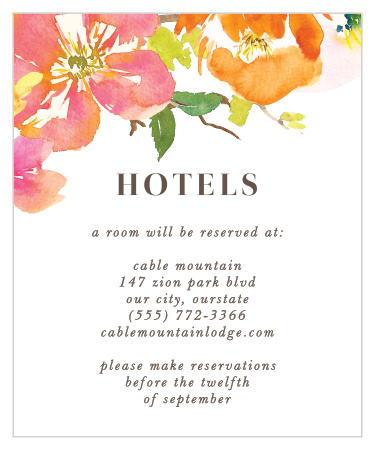Our beautiful Colorful Garden Accommodation Cards feature brightly colored, tropical flowers that are delicately draped atop your reservation details.