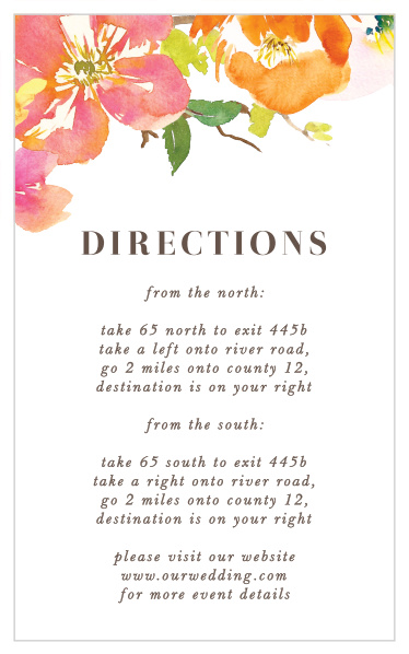 Our beautiful Colorful Garden Direction Cards feature brightly colored, tropical flowers that are delicately draped atop your detailed directions.