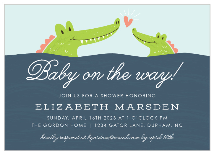 Our Little Alligator Baby Shower Invitations feature a darling illustration of two alligators, a baby and its parent.