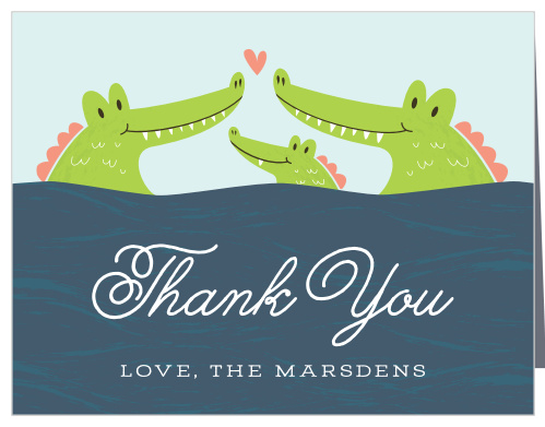 Our Little Alligator Baby Shower Thank You Cards feature a darling illustration of three alligators, a baby and its parents.