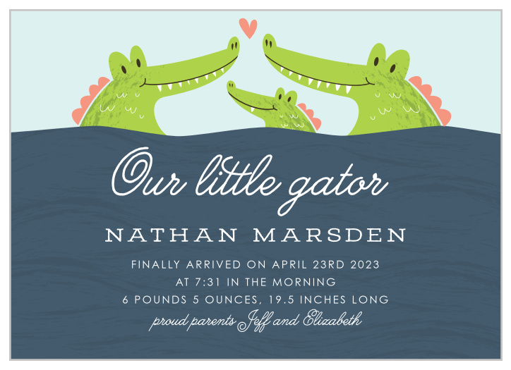 Our Little Alligator Birth Announcements feature a darling illustration of three alligators, a baby and its parents.