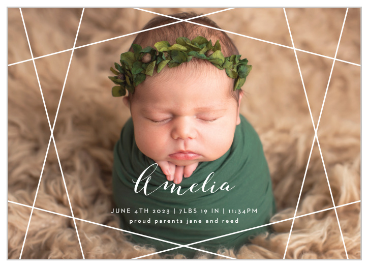 Give your friends and family all the information they want about the newest member of your family with our gorgeous Geometric Gems Birth Announcements. Choose your favorite photo to serve as its background, then write out every little detail about your little one in a swirling script and elegant type.