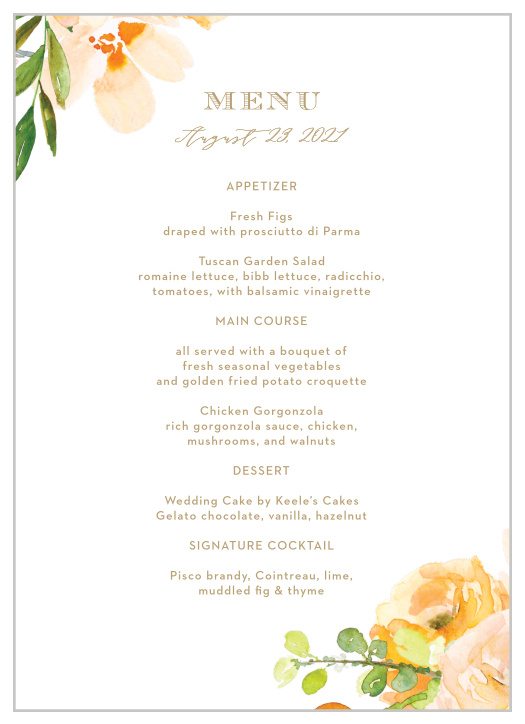 Our Peachy Flowers Wedding Menus bring a summer warmth complimented with a vintage style.