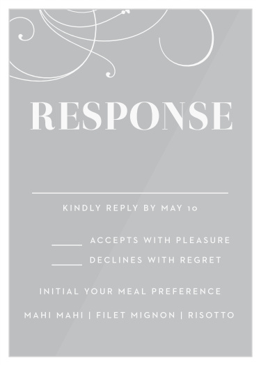 Our Bold Swash Clear Response Cards feature a large, swirling, victorian accent that is set above your guests' RSVP details.