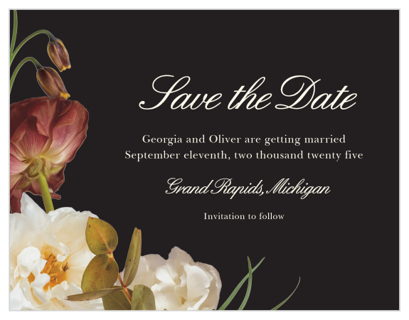 Make a spot on everyone’s calendar with our Romantic Flowers Wedding Save the Date Magnets.