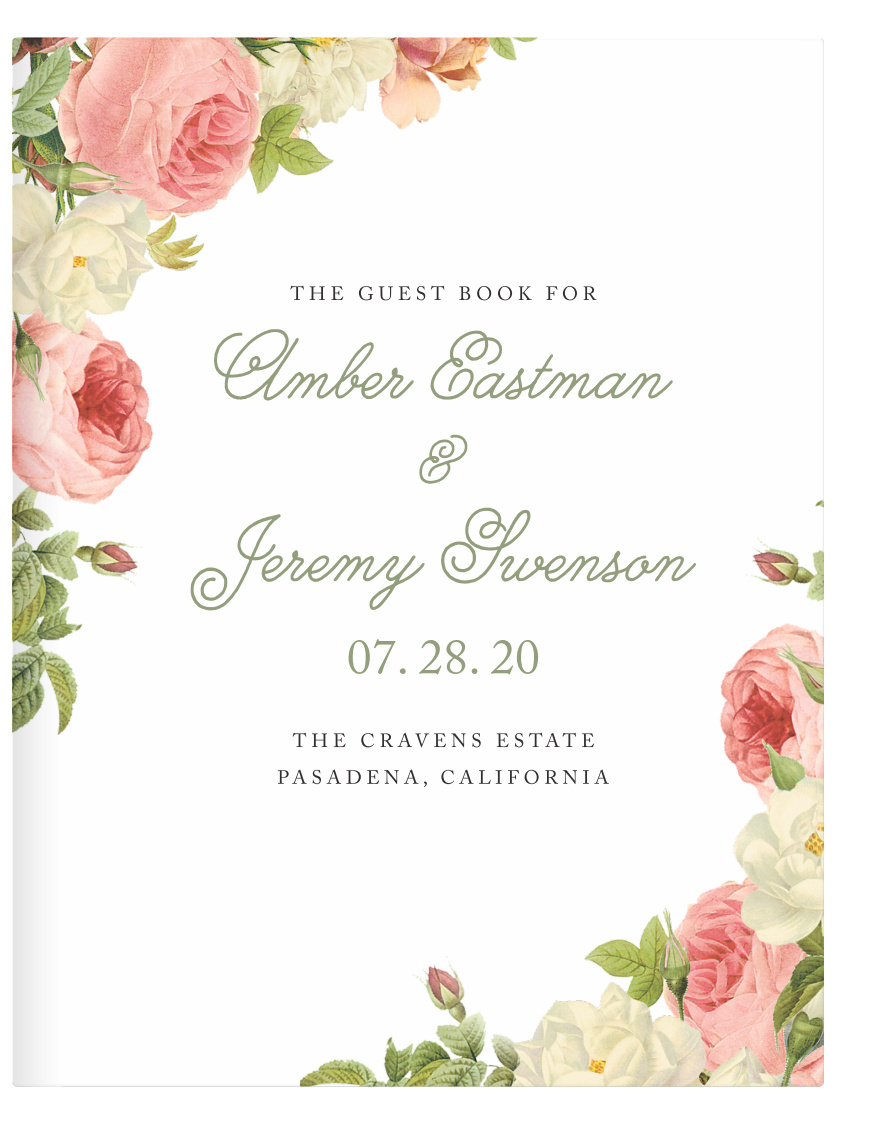 Our gorgeous Alluring Florals Guest Book features stunning blooms that frame your details spelled out in clean-cut print and swirling calligraphy, all on a white background.